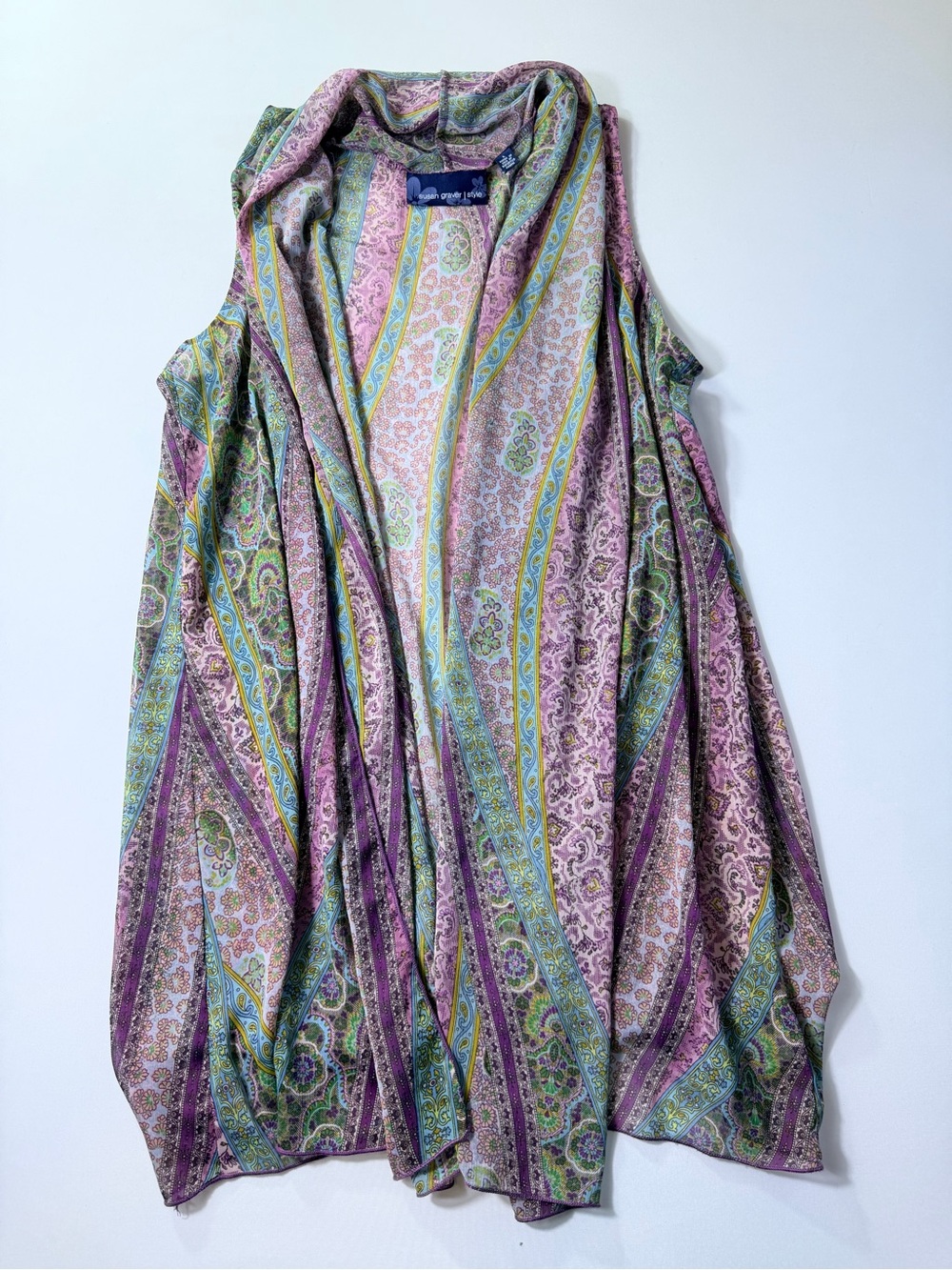 Lightweight Susan Graver Purple and Green Paisley Printed Drape Vest Coverup